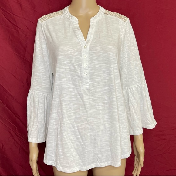 Absolutely Famous Tops - Absolutely Famous Metallic Mesh Embroidered Bell Sleeve Top XL